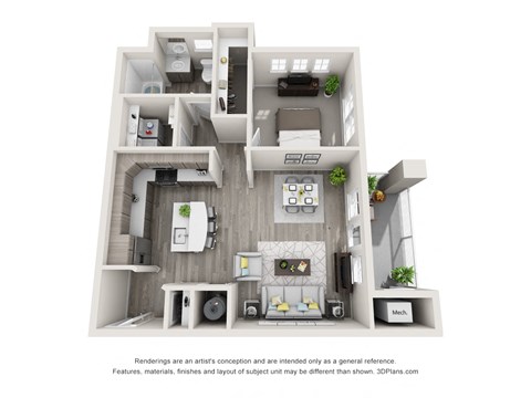 Floor plan for 1 bed, 1 bath, 745 sqft